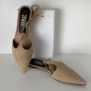 Zara Tan Suede Lace-Up Tie Flats